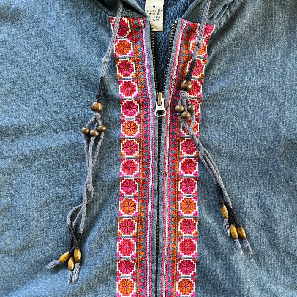 Lucky Brand Blue Zip Hoodie with Pink & Orange Embroidered Trim & Beaded String - Picture 6 of 16